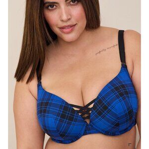 Torrid 46DD XO Plunge Push Up Bra Blue Black Plaid 360 Back Smoothing